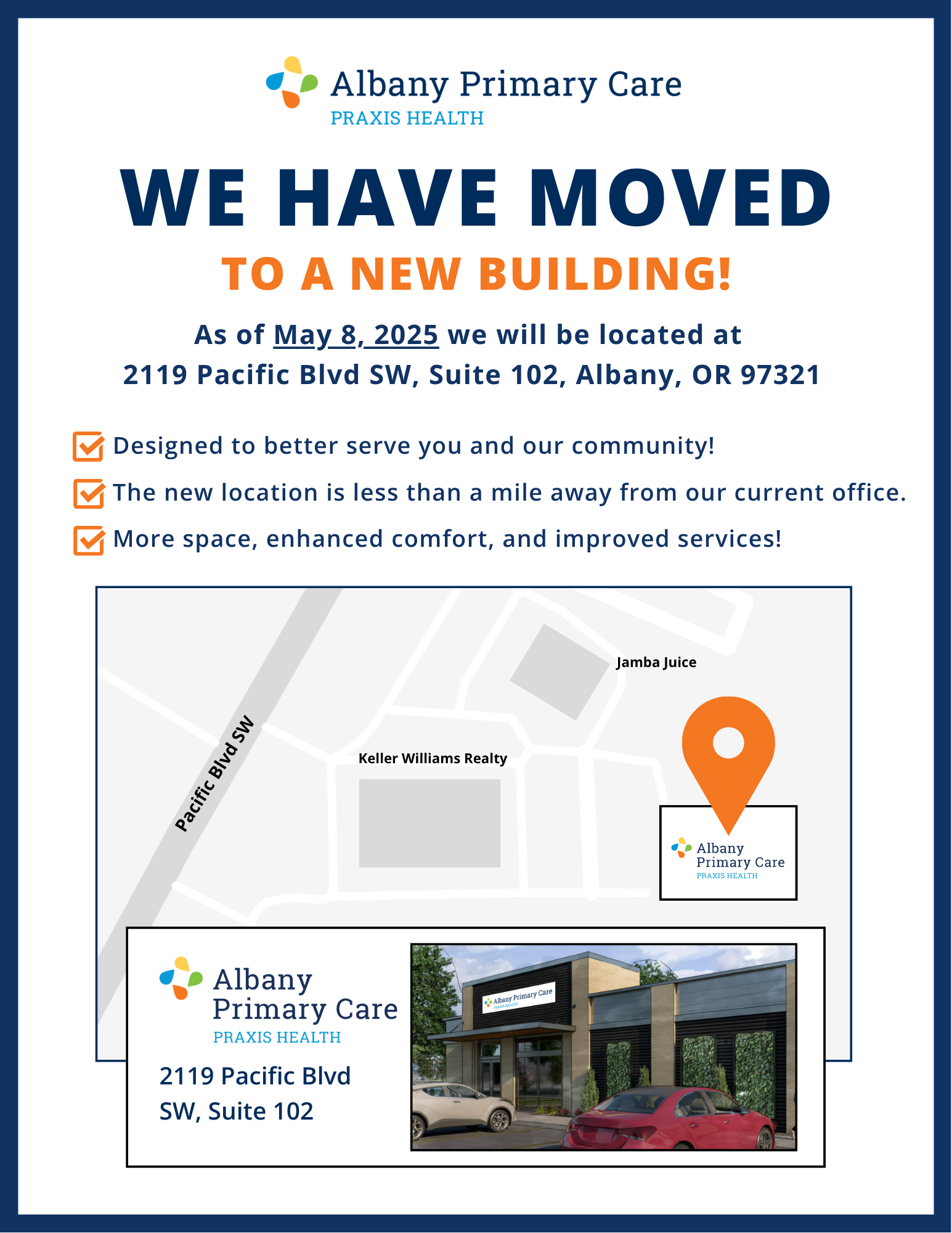 As of May 8, 2025 we will be located at  
2119 Pacific Blvd SW, Suite 102, Albany, OR 97321 